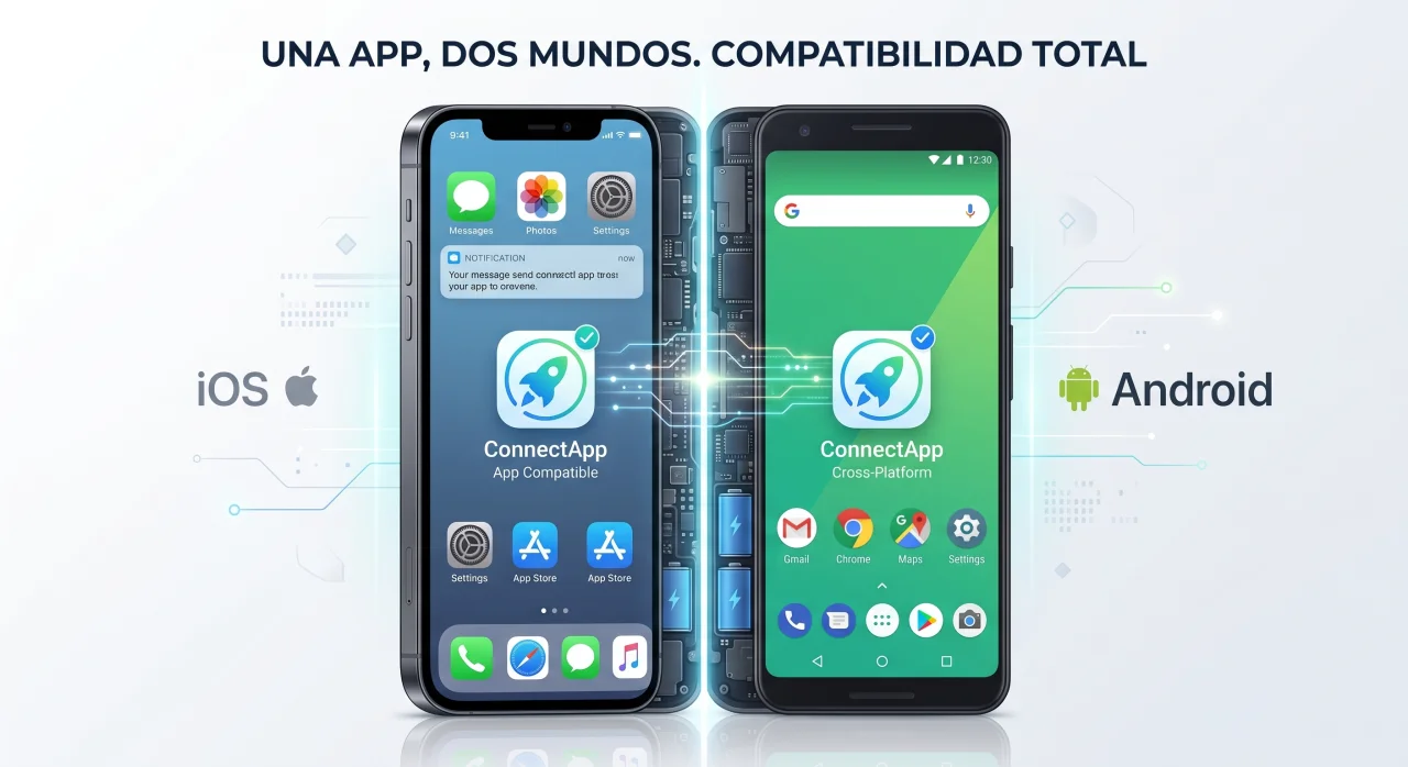 Imagen comparativa que muestra un smartphone con el sistema operativo iOS a la izquierda y otro con Android a la derecha. Apps Multiplataforma.
