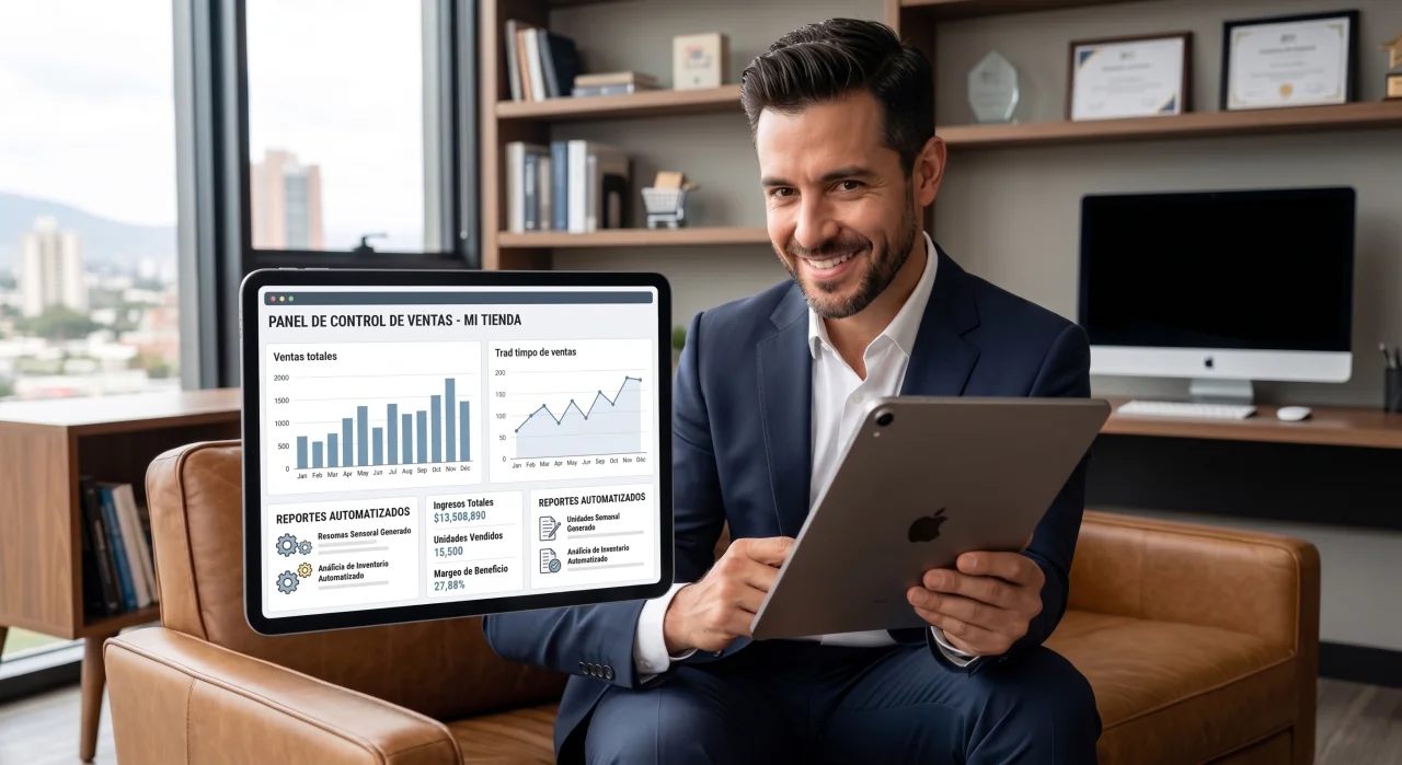 Empresario sonriente mostrando un panel de control de ventas digital con gráficos de barras y líneas en una tableta en una oficina moderna.