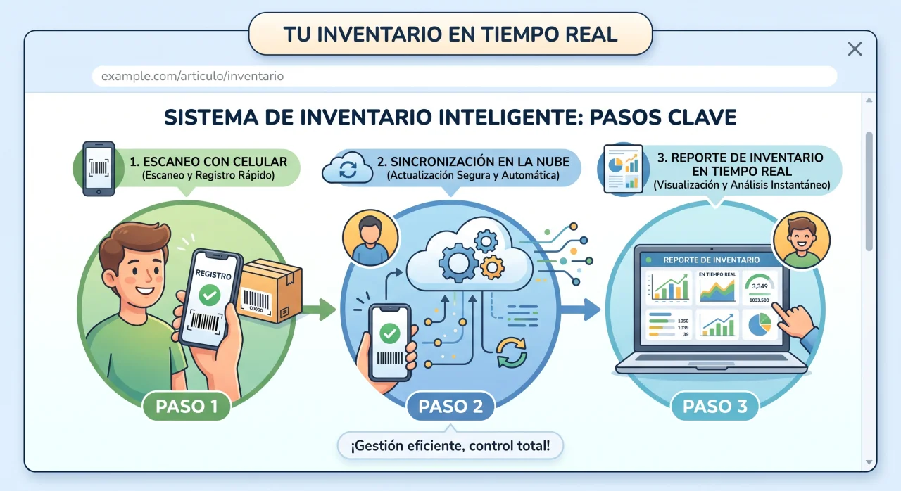 Diagrama ilustrado que muestra el proceso de registro, sincronización en la nube y visualización de datos de inventario.