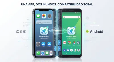 Imagen comparativa que muestra un smartphone con el sistema operativo iOS a la izquierda y otro con Android a la derecha. Apps Multiplataforma.