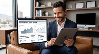 Empresario sonriente mostrando un panel de control de ventas digital con gráficos de barras y líneas en una tableta en una oficina moderna.