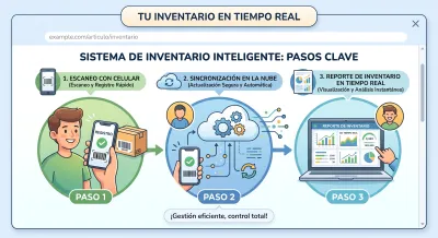 Diagrama ilustrado que muestra el proceso de registro, sincronización en la nube y visualización de datos de inventario.