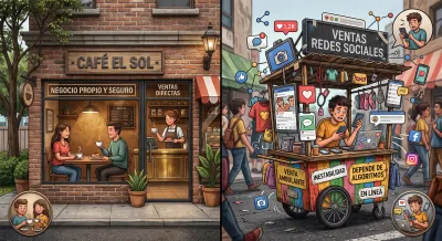 Una comparación visual que ilustra los contrastes entre un negocio físico tradicional (panel izquierdo) y un negocio basado en redes sociales (panel derecho).