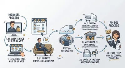 Diagrama de flujo del proceso de venta automatizado: compra en línea, generación de orden, actualización de inventario y facturación electrónica automática