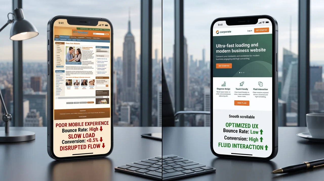 Comparativa en smartphone entre un sitio web no responsivo y una interfaz móvil moderna optimizada para conversión
