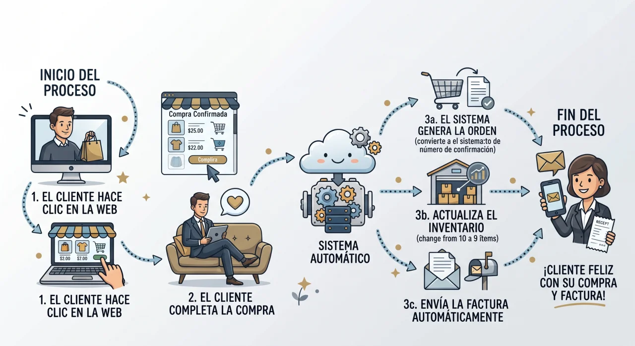 Diagrama de flujo del proceso de venta automatizado: compra en línea, generación de orden, actualización de inventario y facturación electrónica automática